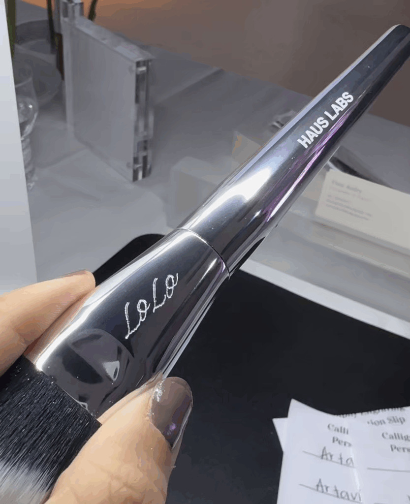 Haus Labs Foundation brush with LoLo hand engraved on the side