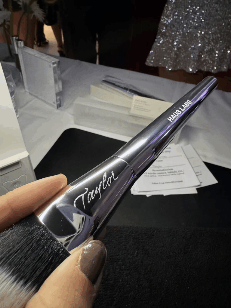 Haus Labs Foundation brush with Taylor hand engraved on the side for a beauty influencer