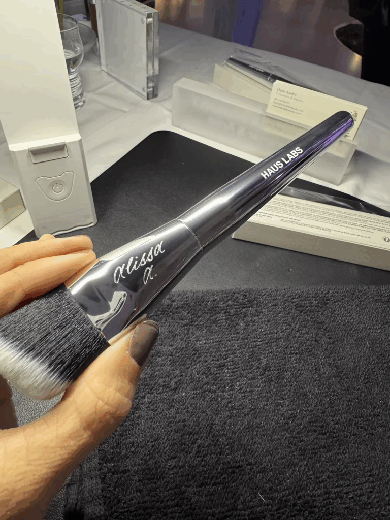 Haus Labs Foundation brush with a name hand engraved on the side