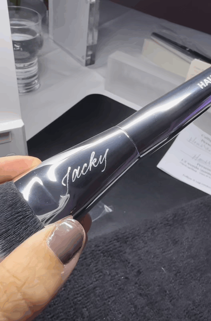 Haus Labs foundation brush with Jacky hand engraved on the side